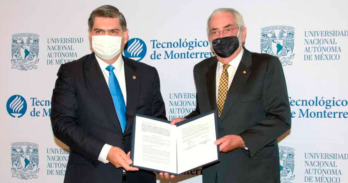 David Garza (izq.), rector y presidente del Tec de Monterrey; y Enrique Graue, rector de la UNAM acordaron impulsar el ecosistema científico y de investigación del país.
